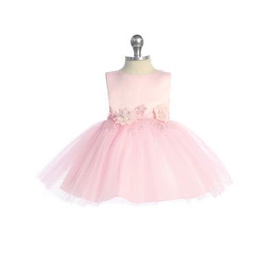 PINK DRESS SATIN BODICE TULLE SKIRT FLOWER APPLIQUE / 5873S