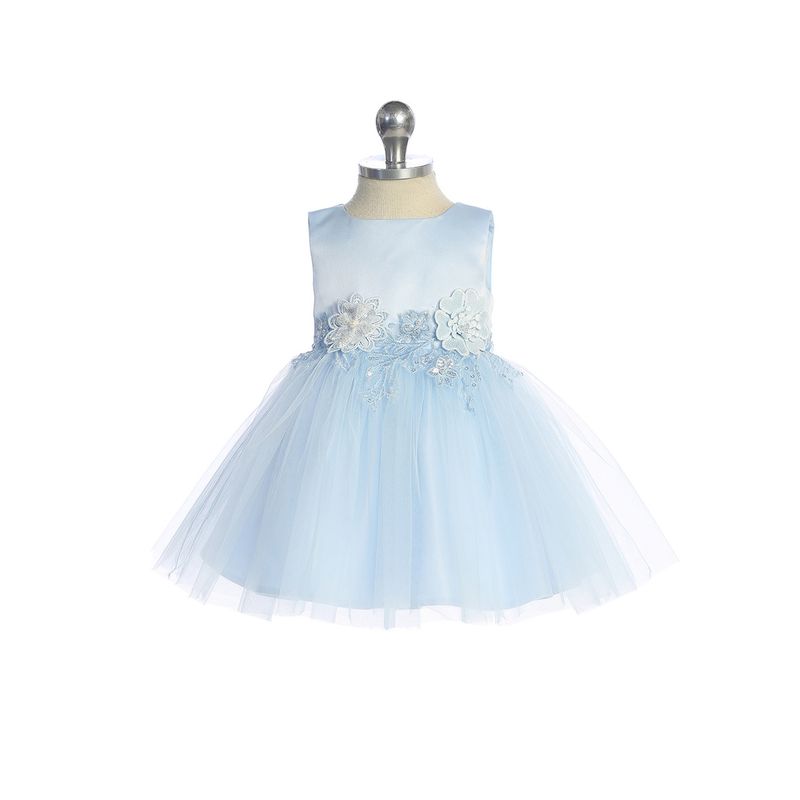 SKY BLUE DRESS SATIN BODICE TULLE SKIRT FLOWER APPLIQUE / 5873S