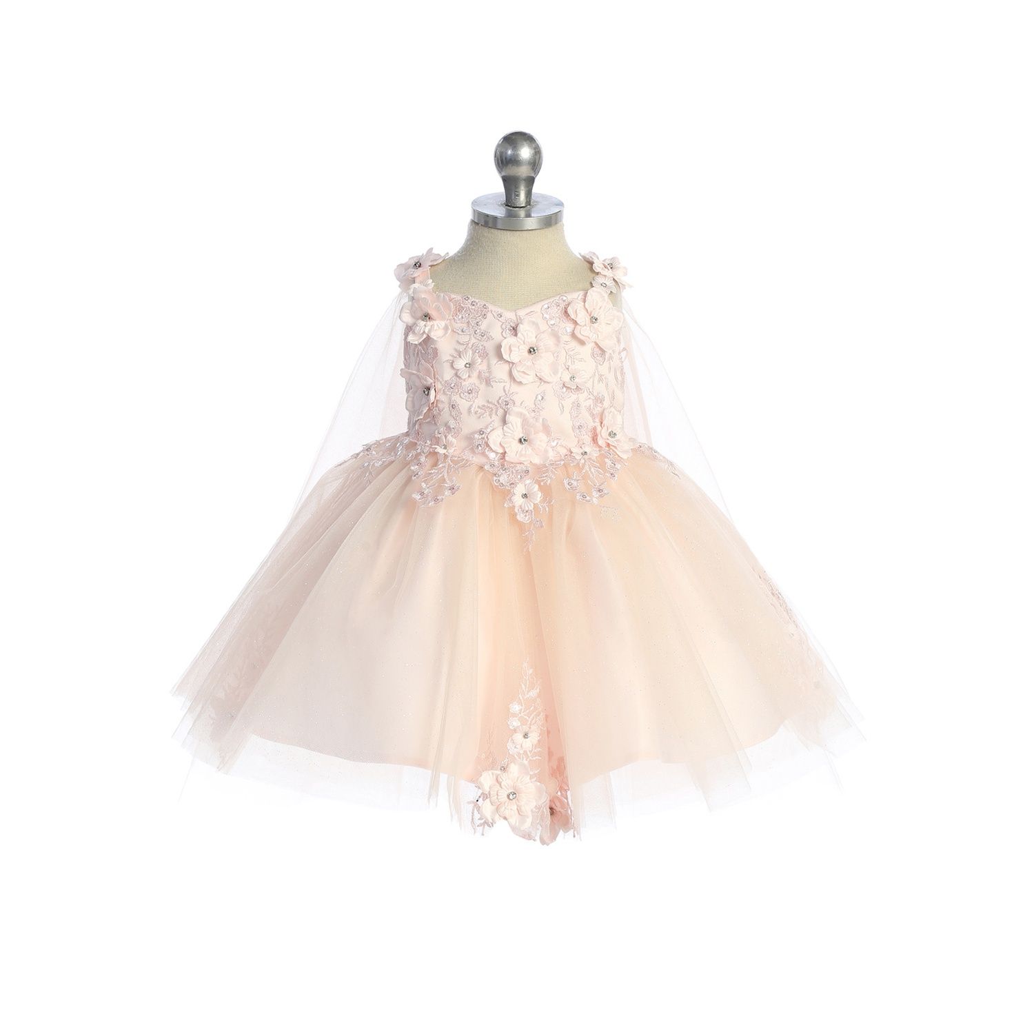 BLUSH TULLE DRES 3D FLOWER & GLITTER SKIRT DETACHABLE CAPE / 7040S