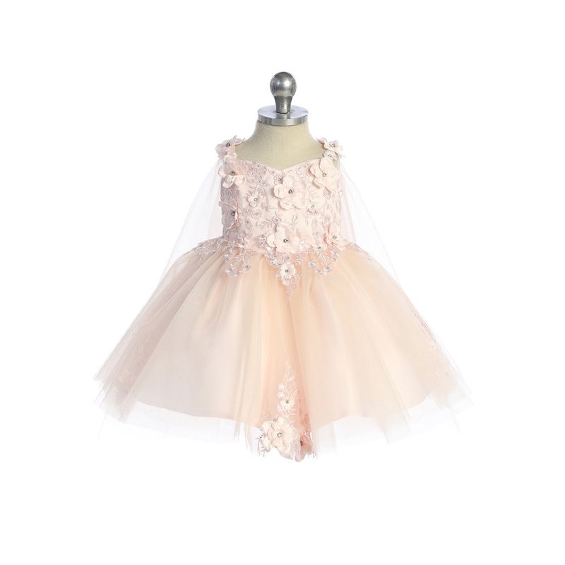 BLUSH TULLE DRES 3D FLOWER & GLITTER SKIRT DETACHABLE CAPE / 7040S