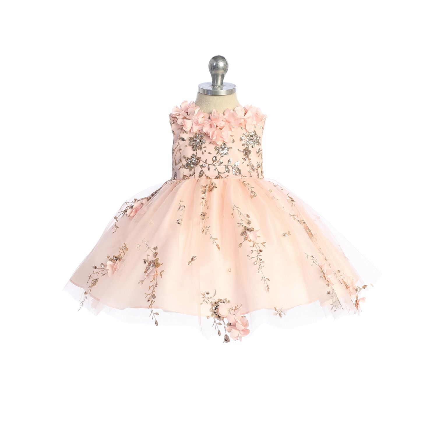 BLUSH DRESS 3D FLOWER APPLIQUE WITH GOLD SEQUIN / 7039S