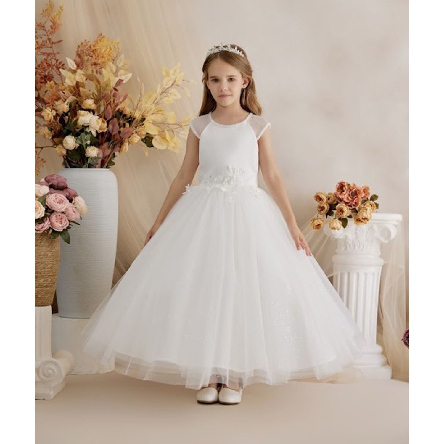 OFF WHITE DRESS SATIN TOP SPARKLE TULLE SKIRT PEARL TRIM NECK & SLEEVE FLOWER APPLIQUE / Z24302
