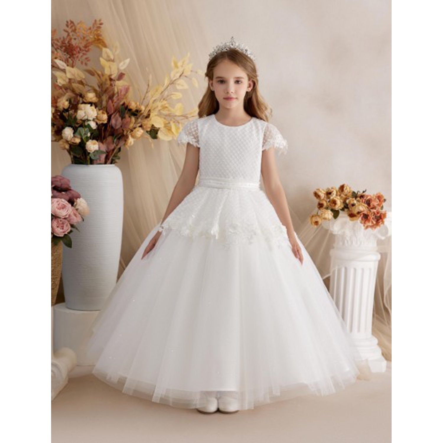 OFF WHITE TULLE DRESS BASKET WEAVE BODICE PEARL & SEQUIN TRIM / Z24309