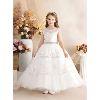 OFF WHITE DRESS SILVER EMBROIDERED FLOWERS RHINESTONE BELT BOW & PEARL TRIM / Z24335