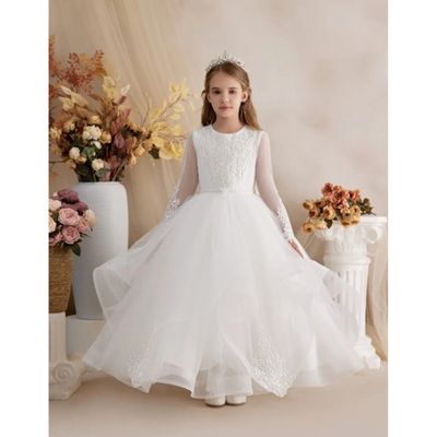 OFF WHITE DRESS EMBROIDERED BODICE LAYER TULLE SKIRT LONG SLEEVE / Z24321