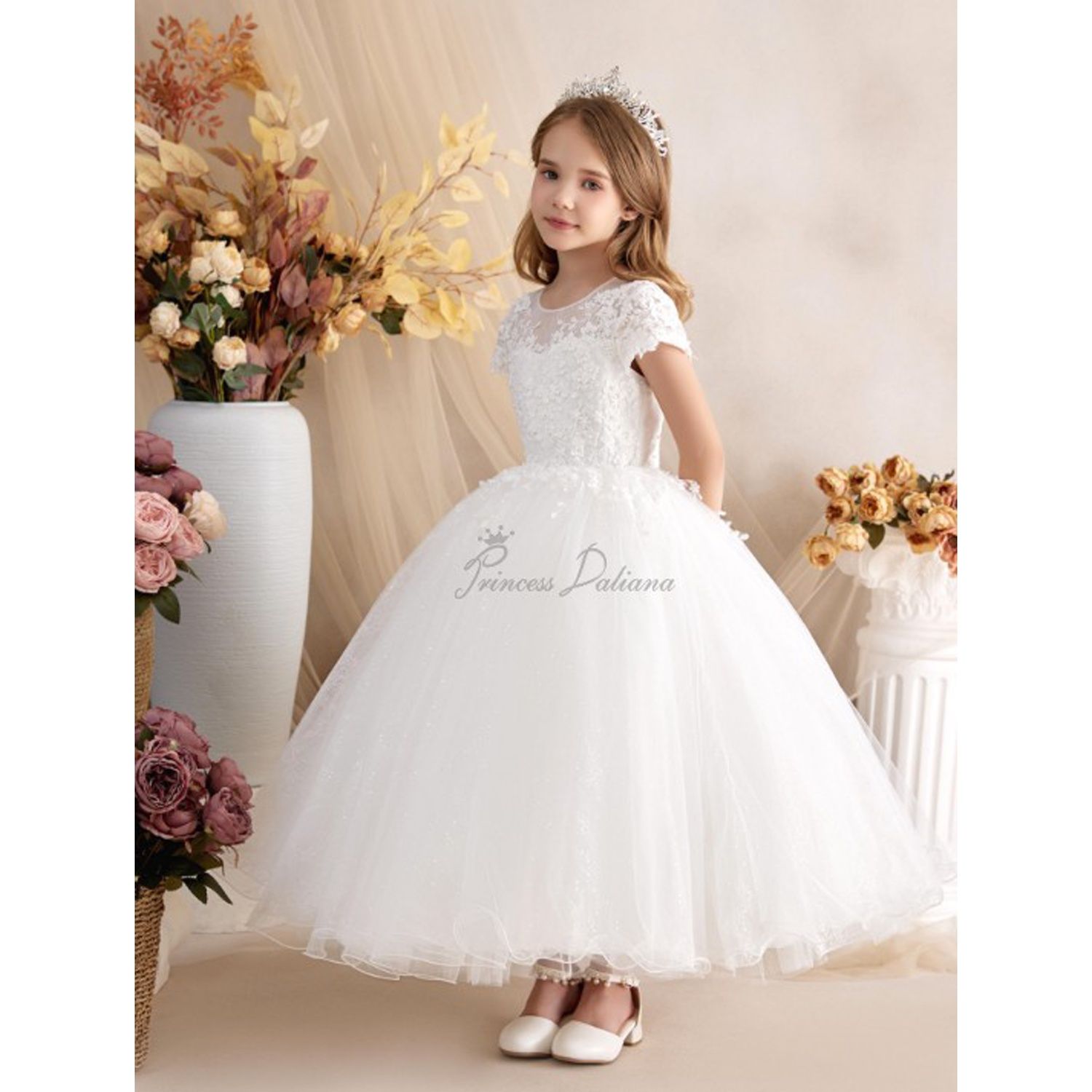 OFF WHITE DRESS EMBROIDERED BODICE SPARKLY TULLE UNDERSKIRT / Z24295
