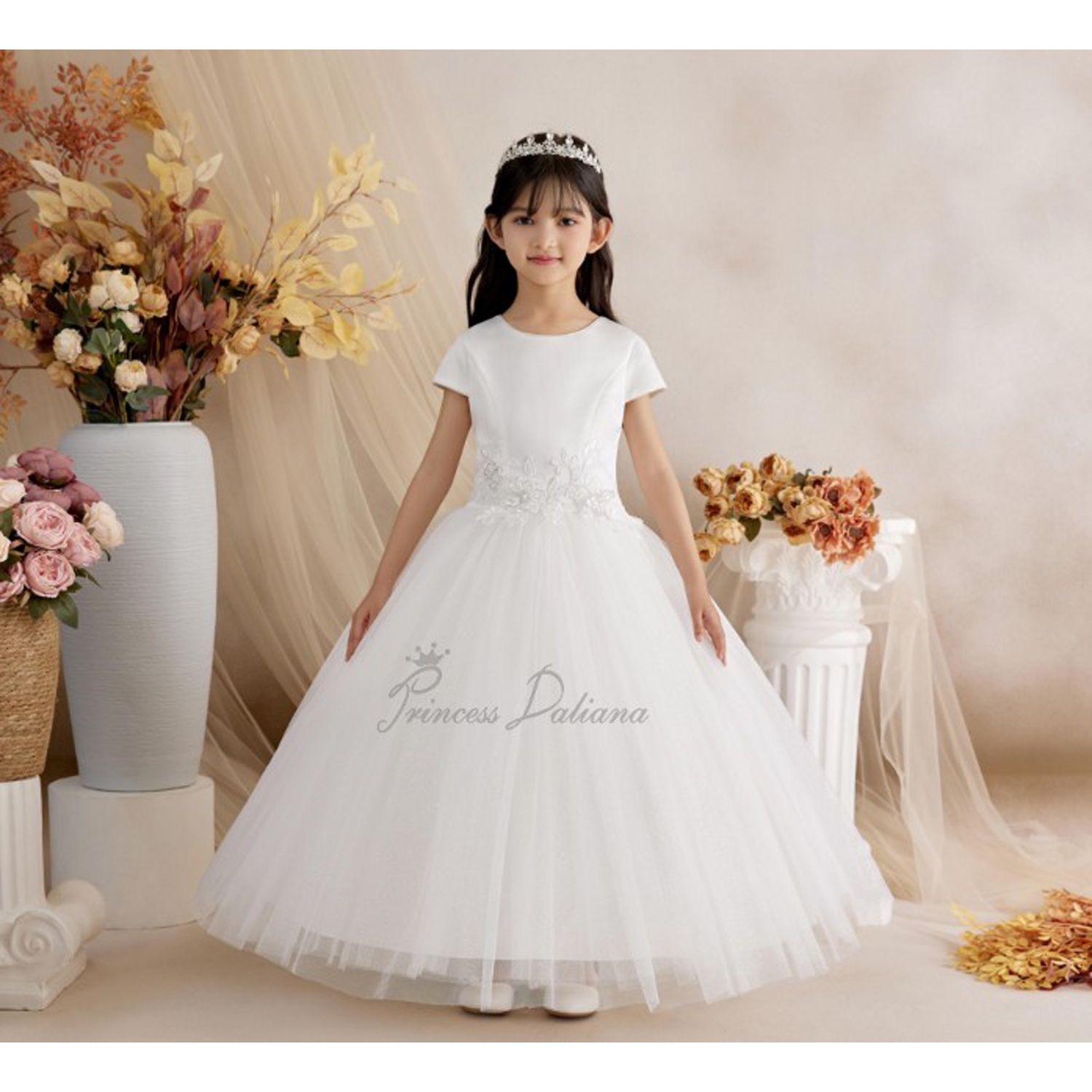 OFF WHITE DRESS SATIN BODICE SPARKLY TULLE UNDERSKIRT 3 D FLOWERS TRIM / Z24310