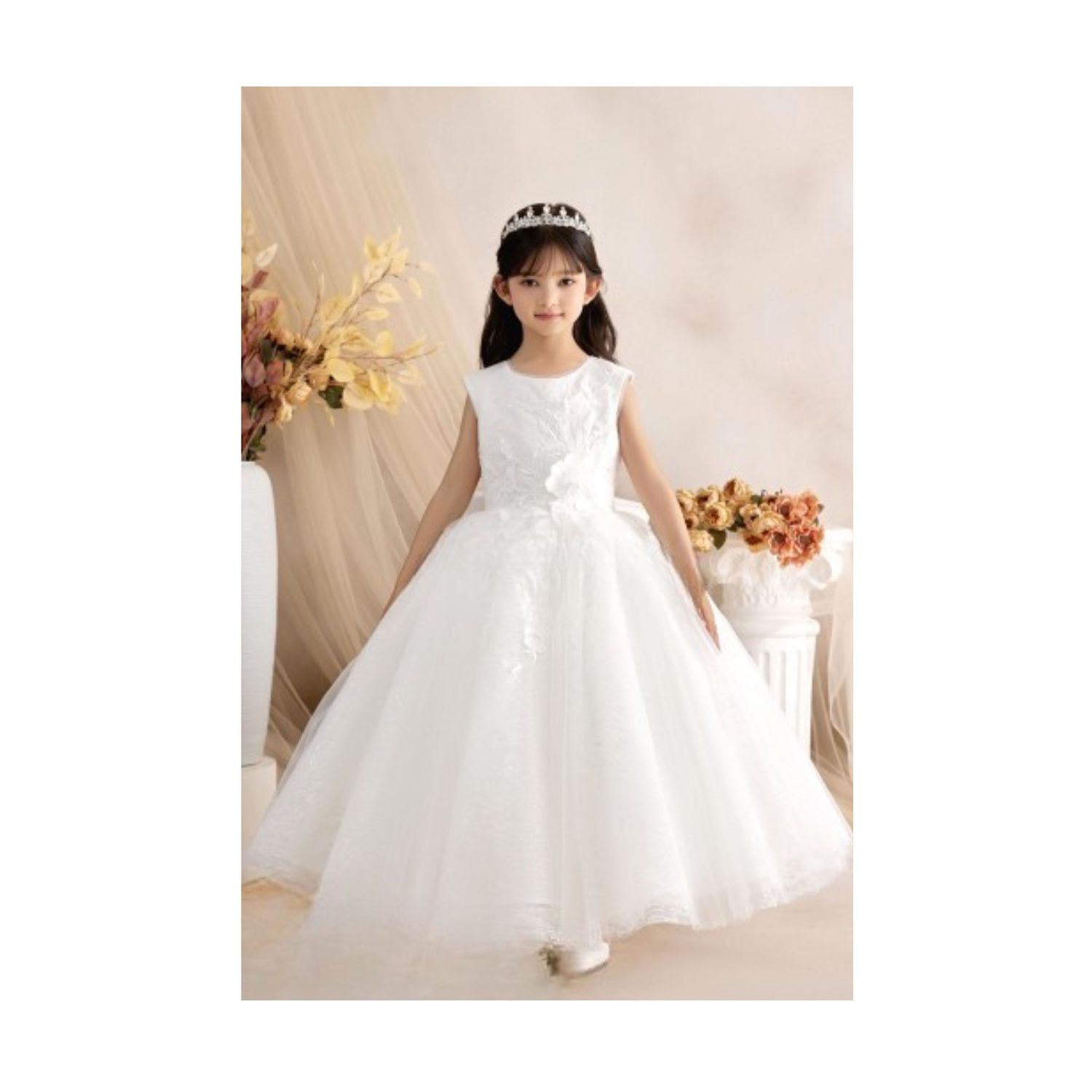 OFF WHITE DRESS EMBROIDED BODICE & TULLE UNDERSKIRT 3 D FLOWER WITH PEARLS & BOW / Z24344
