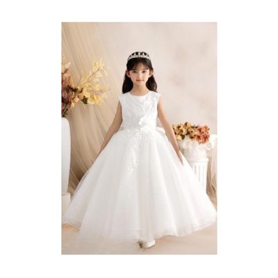 OFF WHITE DRESS EMBROIDED BODICE & TULLE UNDERSKIRT 3 D FLOWER WITH PEARLS & BOW / Z24344