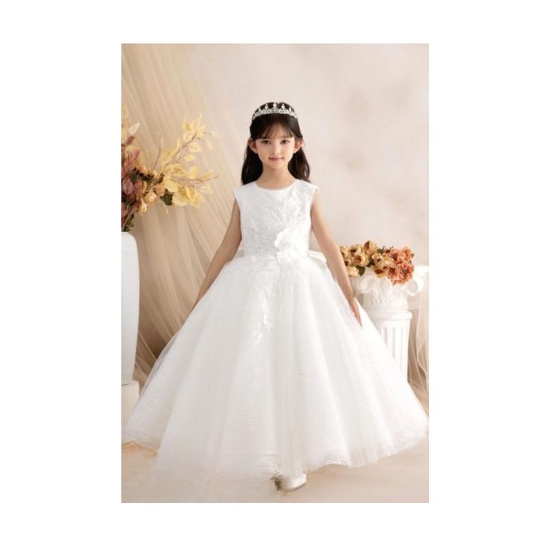 OFF WHITE DRESS EMBROIDED BODICE & TULLE UNDERSKIRT 3 D FLOWER WITH PEARLS & BOW / Z24344 OFF WHITE DRESS EMBROIDED BODICE & TULLE UNDERSKIRT 3 D FLOWER WITH PEARLS & BOW / Z24344