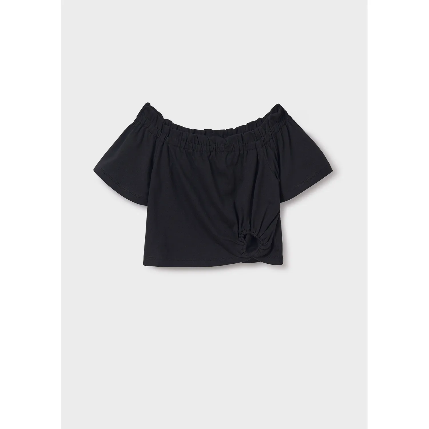 BLACK TSHIRT BOAT NECK CUTOUT HEART RUSCHING TRIM / 6028-087