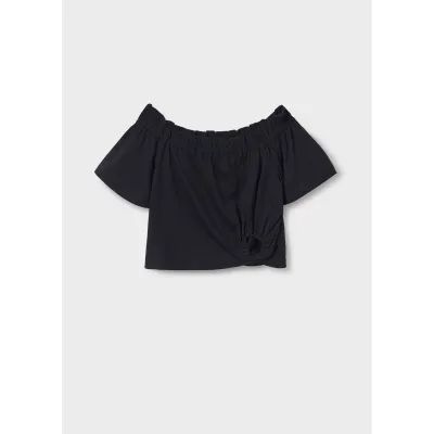 BLACK TSHIRT BOAT NECK CUTOUT HEART RUSCHING TRIM / 6028-087