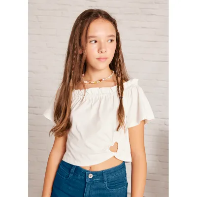 CREAM TSHIRT SHORT SLEEVE BOAT NECK WITH FRILLS CUTOUT HEART / 6028-086 CREAM TSHIRT SHORT SLEEVE BOAT NECK WITH FRILLS CUTOUT HEART / 6028-086