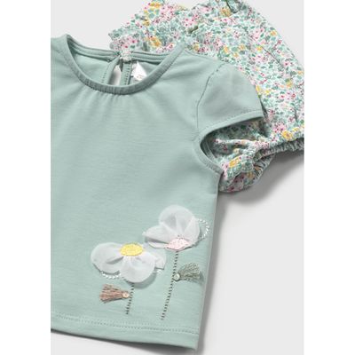 2PC GREEN TSHIRT PRINTED SHORT FLOWER APPLIQUE / 1663-026