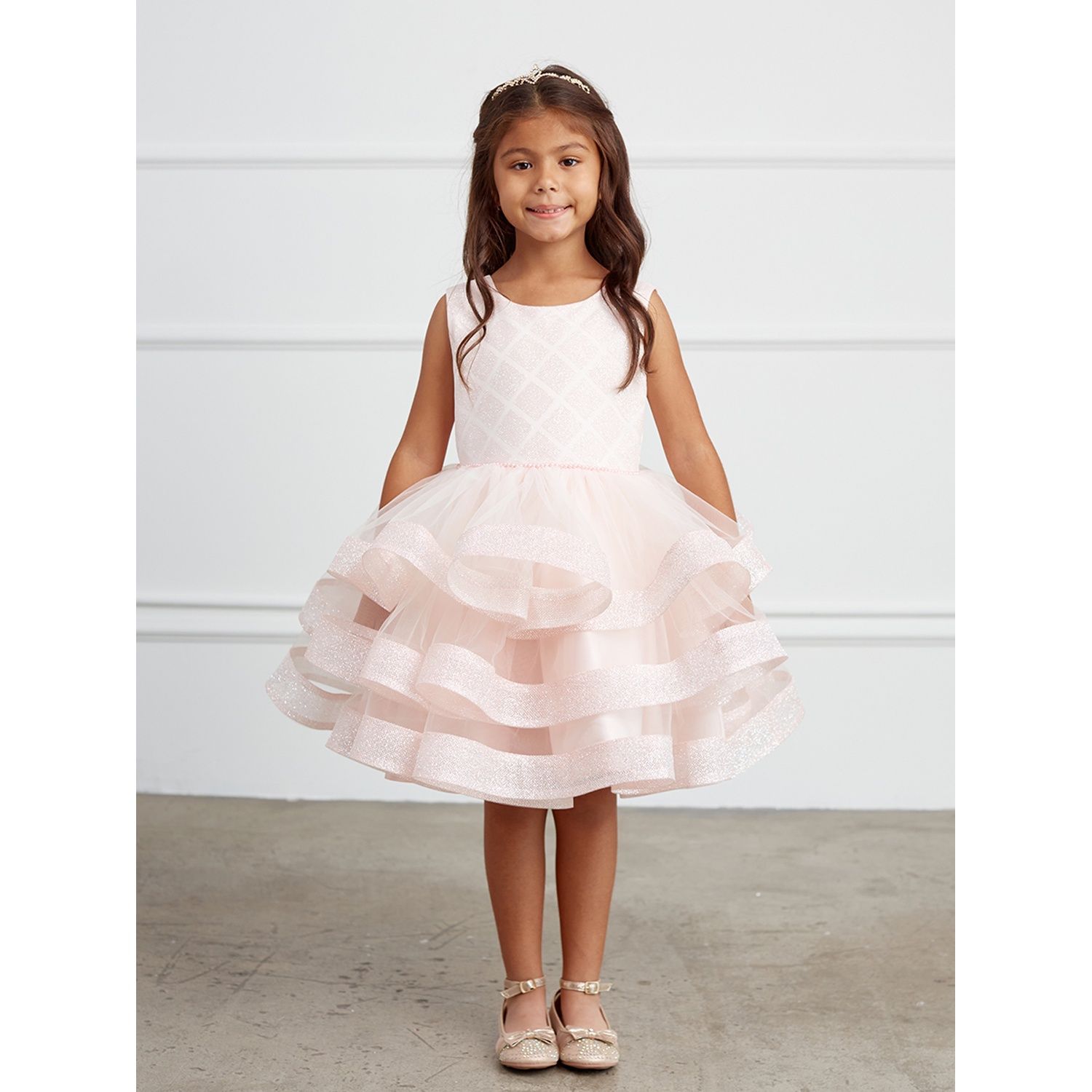 BLUSH PINK DRESS GLITTER BODICE WITH GLITTER HORSE HAIR RUFFLES 3TIERS / 5829