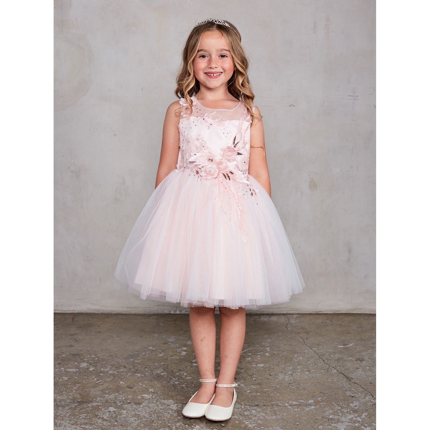 BLUSH PINK DRESS 3D FLOWERS & MESH OVERLAY SKIT / 7027