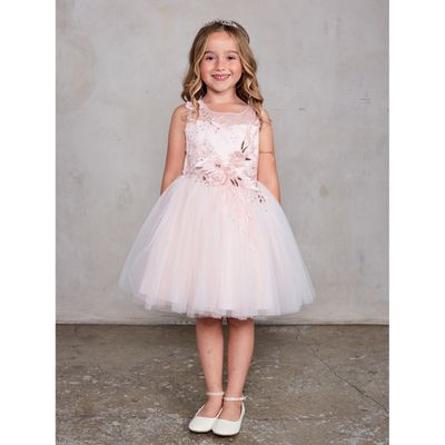 BLUSH PINK DRESS 3D FLOWERS & MESH OVERLAY SKIT / 7027