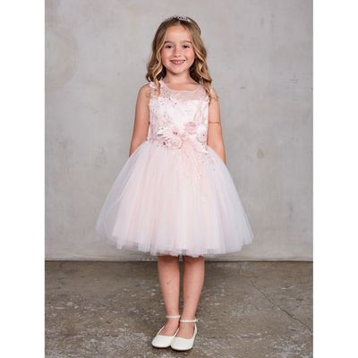 BLUSH PINK DRESS 3D FLOWERS & MESH OVERLAY SKIT / 7027