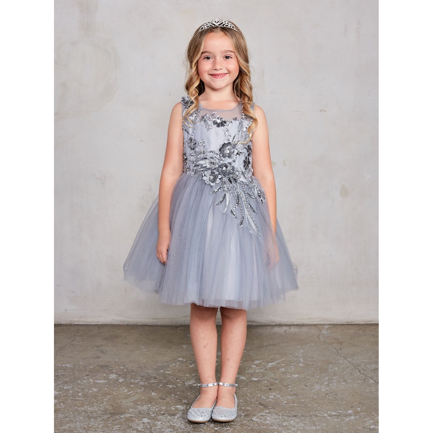 SILVER DRESS 3D FLOWERS BODICE & MESH OVERLAY SKIRT / 7027