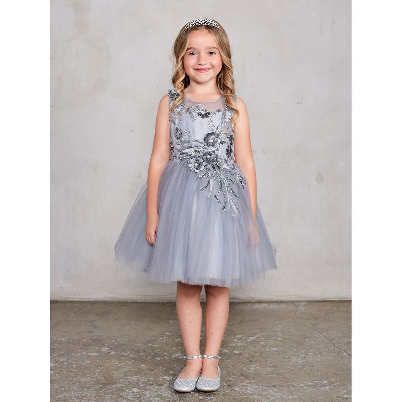 SILVER DRESS 3D FLOWERS BODICE & MESH OVERLAY SKIRT / 7027