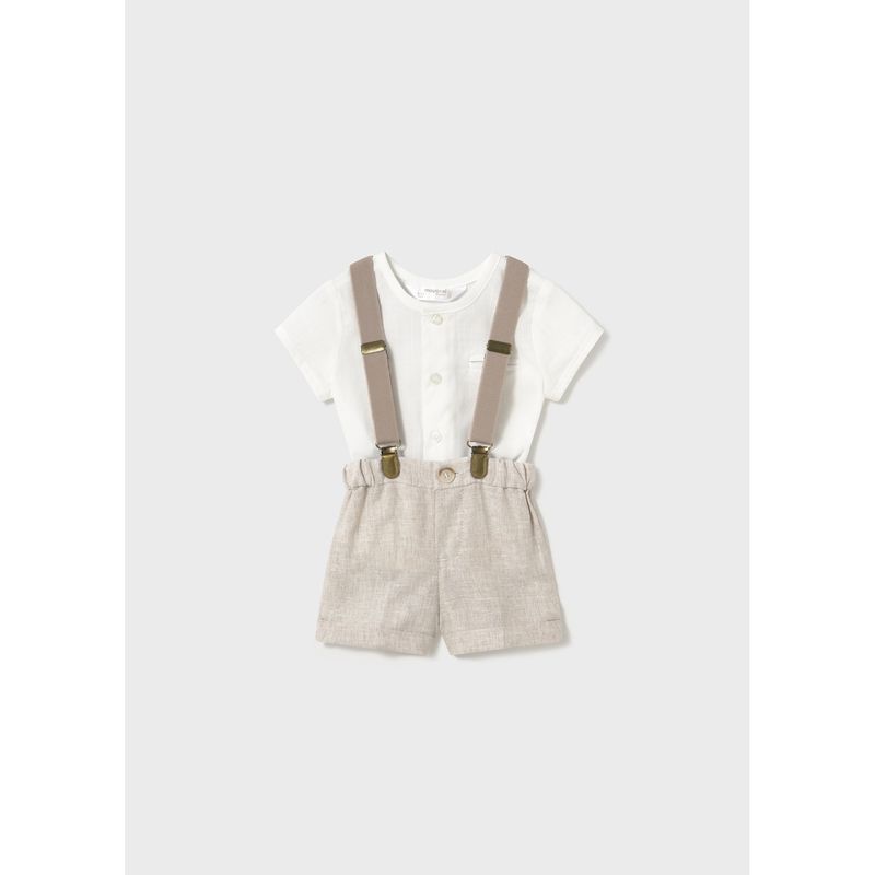 LINEN BEIGE SHORTS & OFF WHITE SHIRT WITH SUSPENDERS ROUND COLLAR / 1215-068