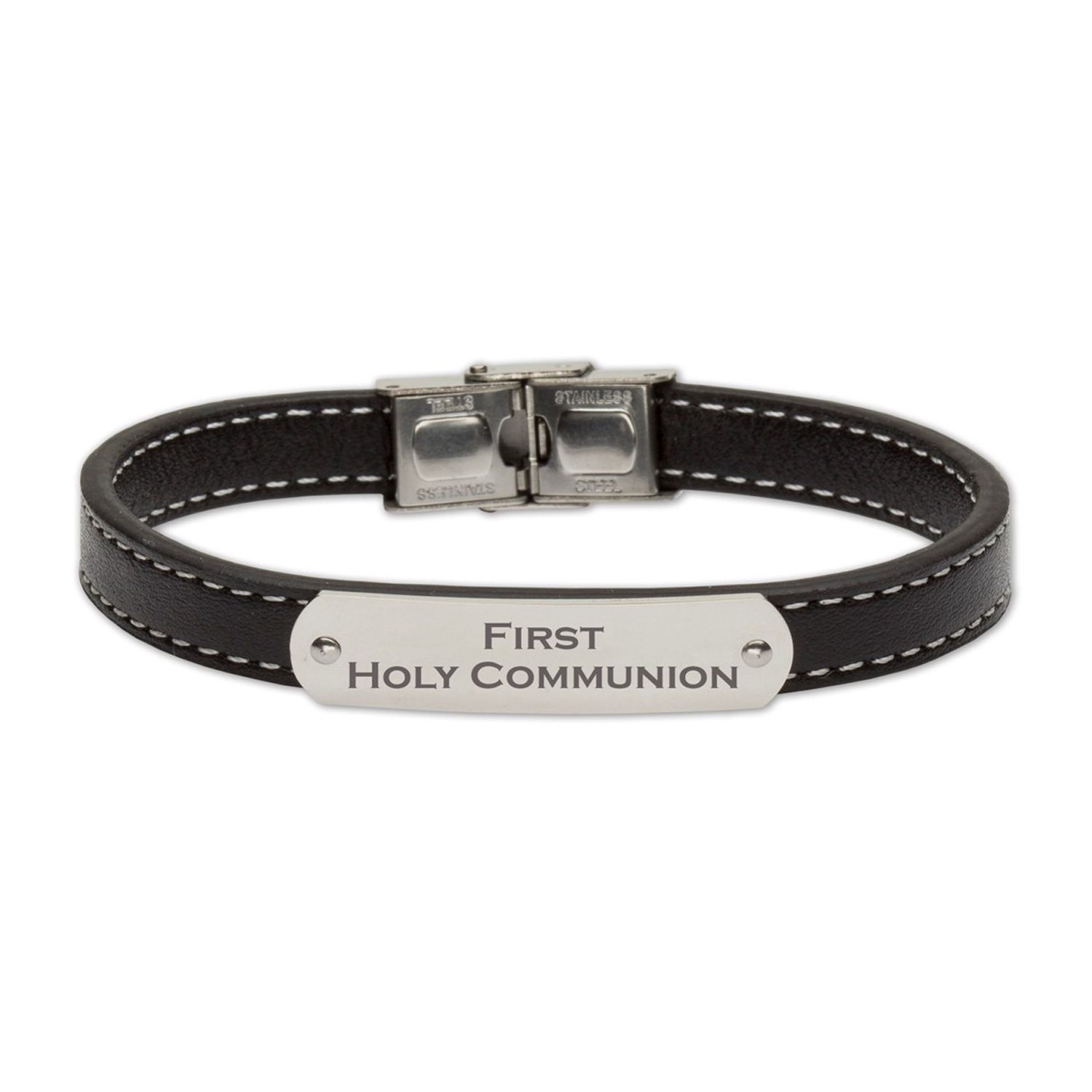 BLACK LEATHER COMMUNION BRACELET SILVER PLATE / SHE-MM3202FC