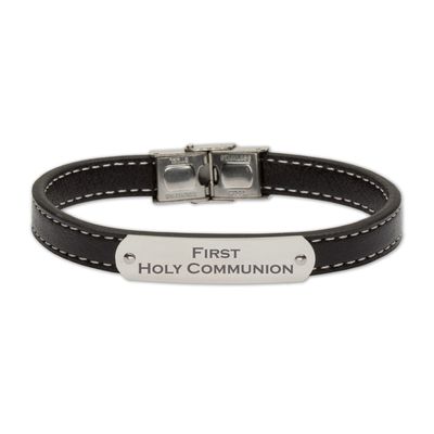 BLACK LEATHER COMMUNION BRACELET SILVER PLATE / SHE-MM3202FC