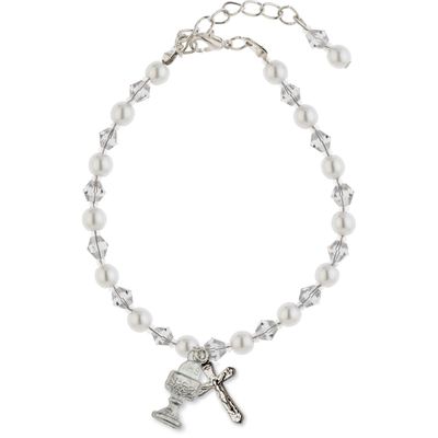 WHITE GLASS BEAD BRACELET WITH CHALICE CHARM / SHE-MM3321WH