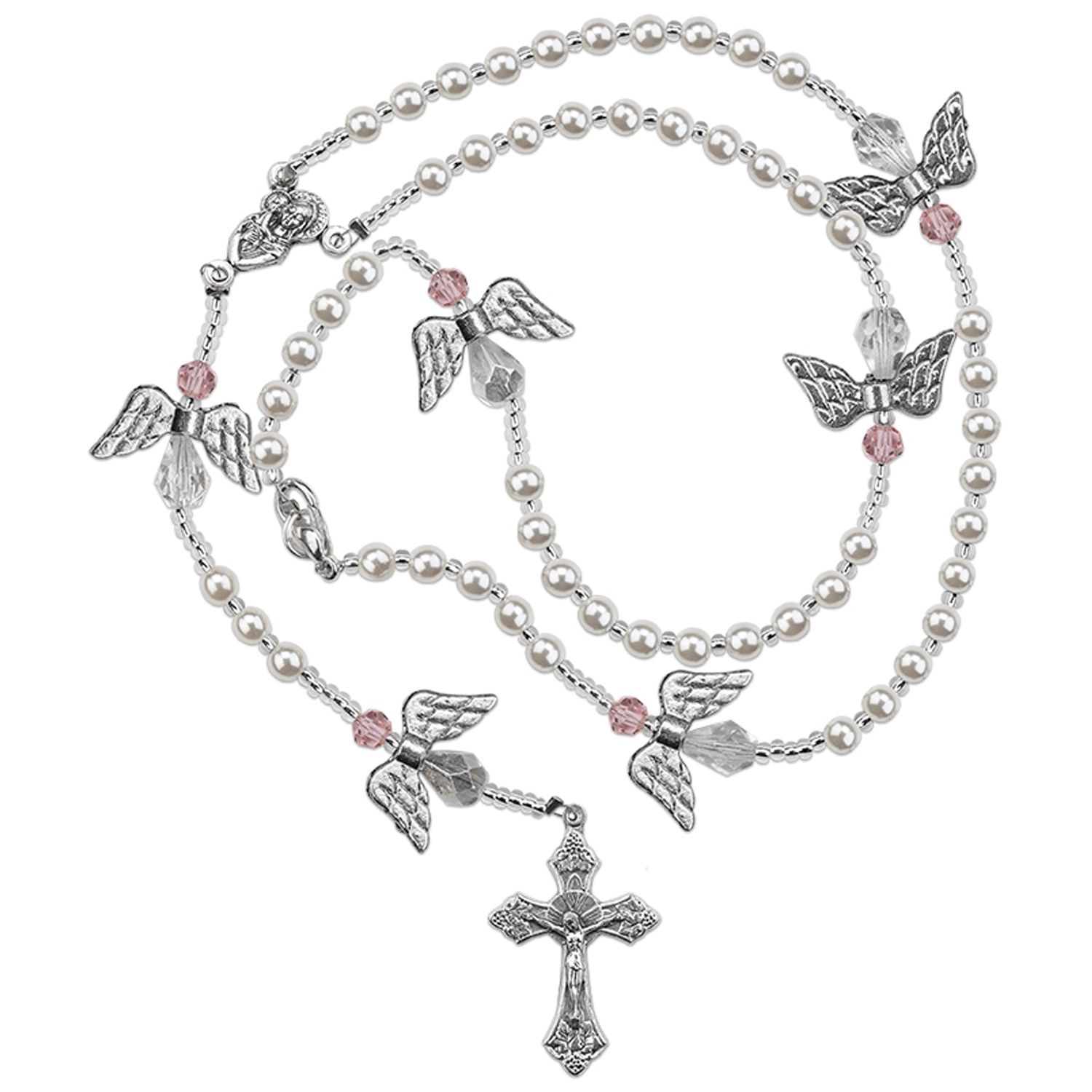 WHITE PEARL BEAD ROSARY NECKLACE WITH ANGEL WINGS / SHE-RY1248WH