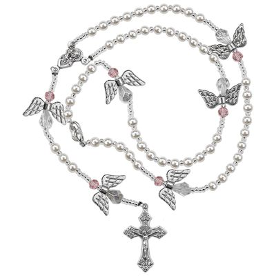 WHITE PEARL BEAD ROSARY NECKLACE WITH ANGEL WINGS / SHE-RY1248WH