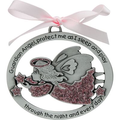 PINK ANGEL CRIB MEDAL WITH RIBBON / ABB-CM16P