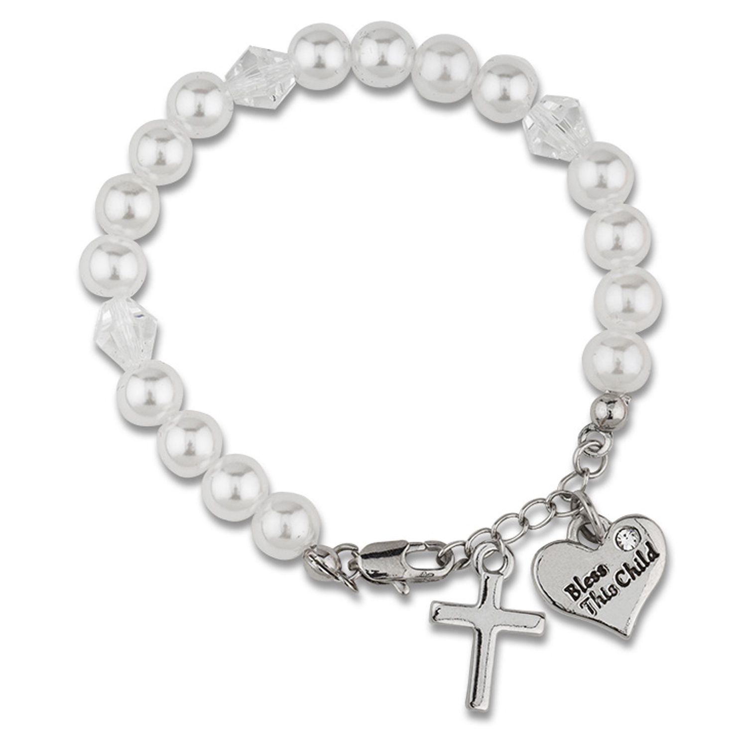 WHITE PEARL BABY BRACELET WITH CROSS & HEART / SHE-MM3193WH