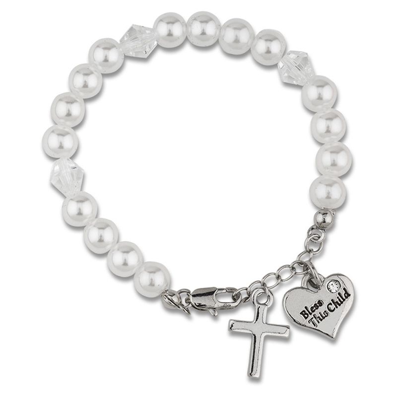 WHITE PEARL BABY BRACELET WITH CROSS & HEART / SHE-MM3193WH