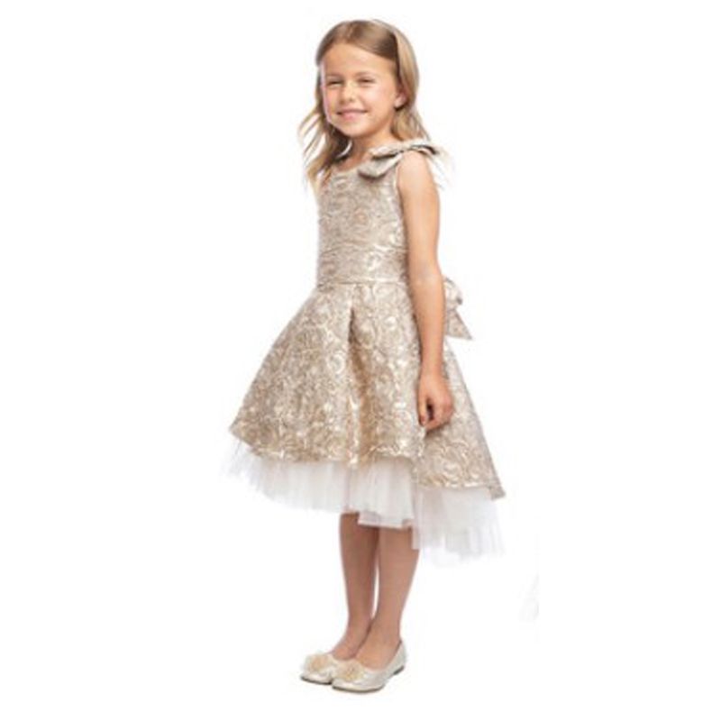 MOCHA EMBOSSED PRINT DRESS HIGH LOW TULLE HEM BOW TRIM / SK806