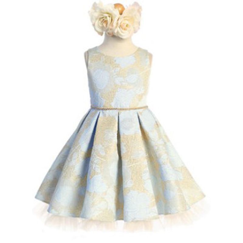 LIGHT BLUE DRESS GOLD PRINT TULLE HEM PLEATED & TULLE HEM / SKB933-SK933