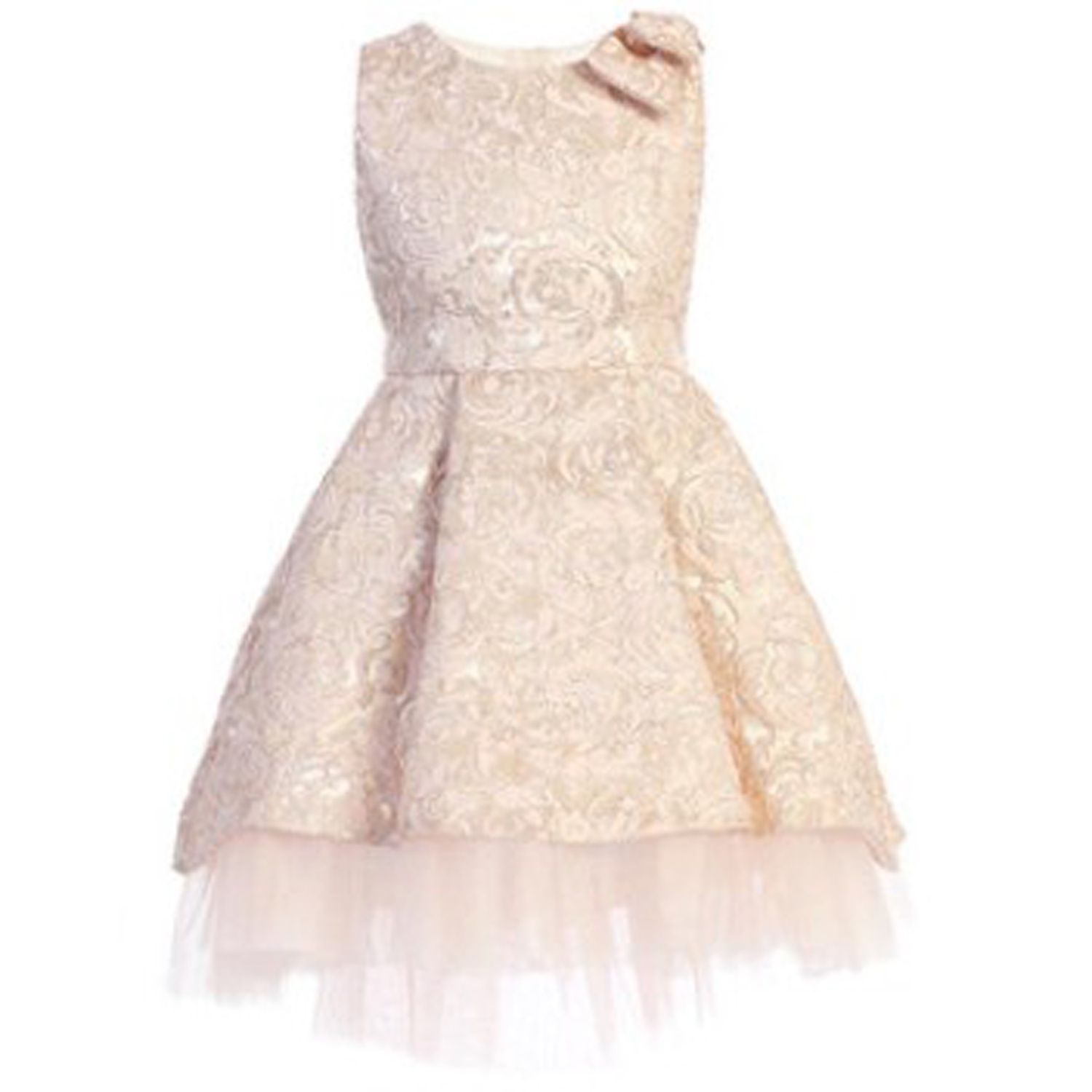 PINK GOLD EMBOSSED PRINT DRESS HIGH LOW TULLE LAYERS BOW TRIM / SK806