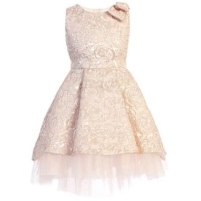 PINK GOLD EMBOSSED PRINT DRESS HIGH LOW TULLE LAYERS BOW TRIM / SK806