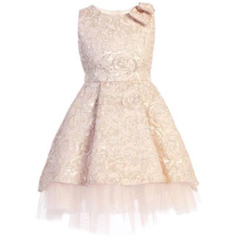 PINK GOLD EMBOSSED PRINT DRESS HIGH LOW TULLE LAYERS BOW TRIM / SK806