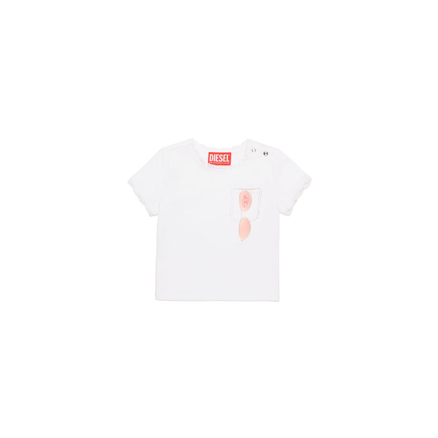 WHITE TSHIRT LACE TRIM SHORT SLEEVE SUN GLASSES PRINT / K00636-K100