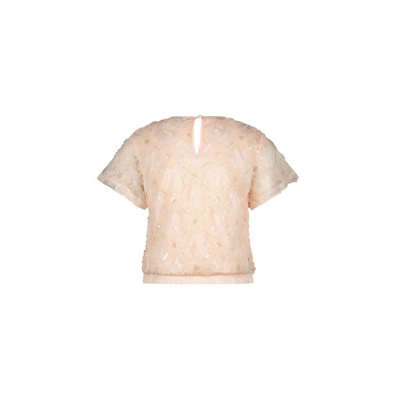 LIGHT PINK FLOWER-NET TOP SHORT SLEEVE SEQUIN TRIM / C411-5115-225