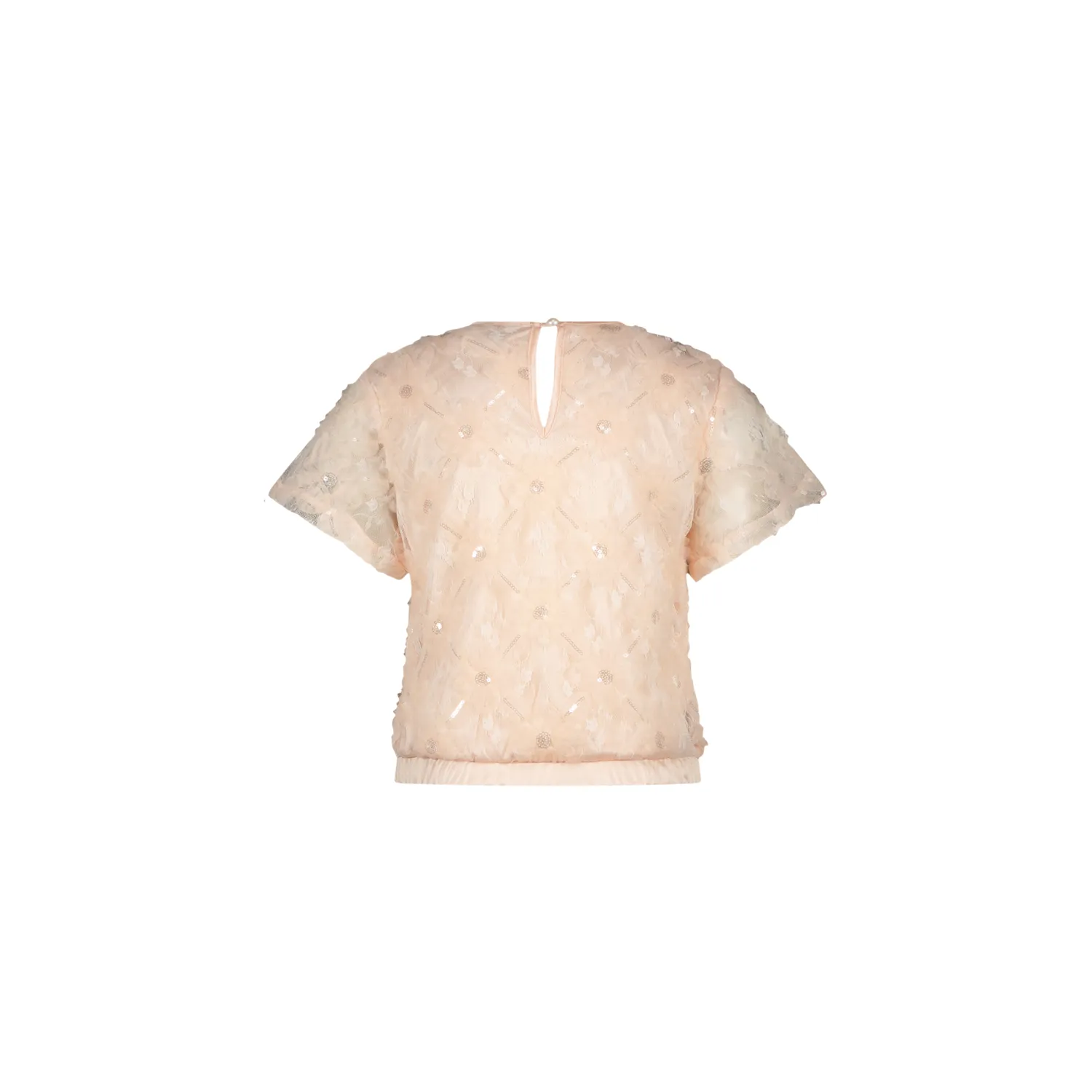 LIGHT PINK FLOWER-NET TOP SHORT SLEEVE SEQUIN TRIM / C411-5115-225
