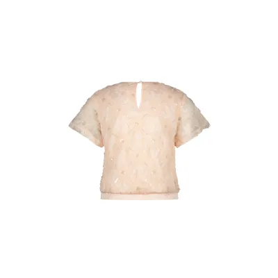 LIGHT PINK FLOWER-NET TOP SHORT SLEEVE SEQUIN TRIM / C411-5115-225