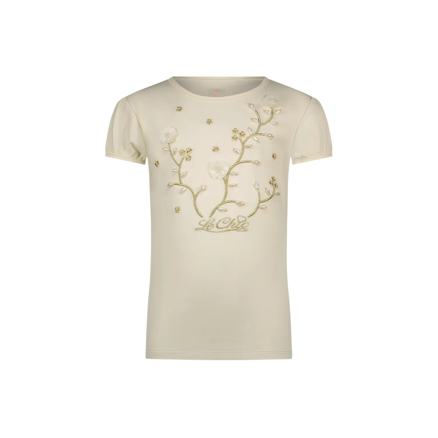 IVORY TSHIRT PEARL & FLOWERS APPLIQUE SHORT SLEEVE / C411-5411-008
