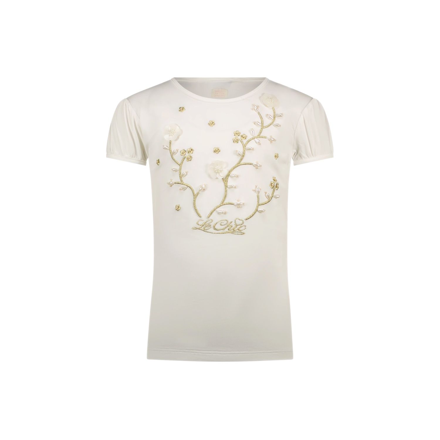 OFF WHITE TSHIRT PEARL & FLOWER APPLIQUE SHORT SLEEVE / C411-5411-003