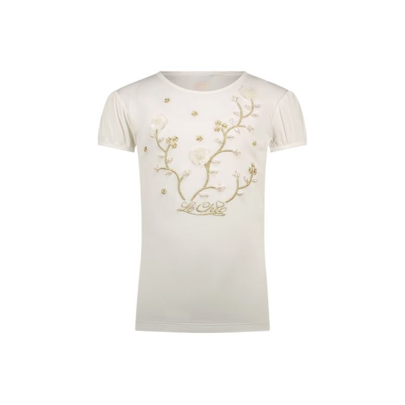 OFF WHITE TSHIRT PEARL & FLOWER APPLIQUE SHORT SLEEVE / C411-5411-003