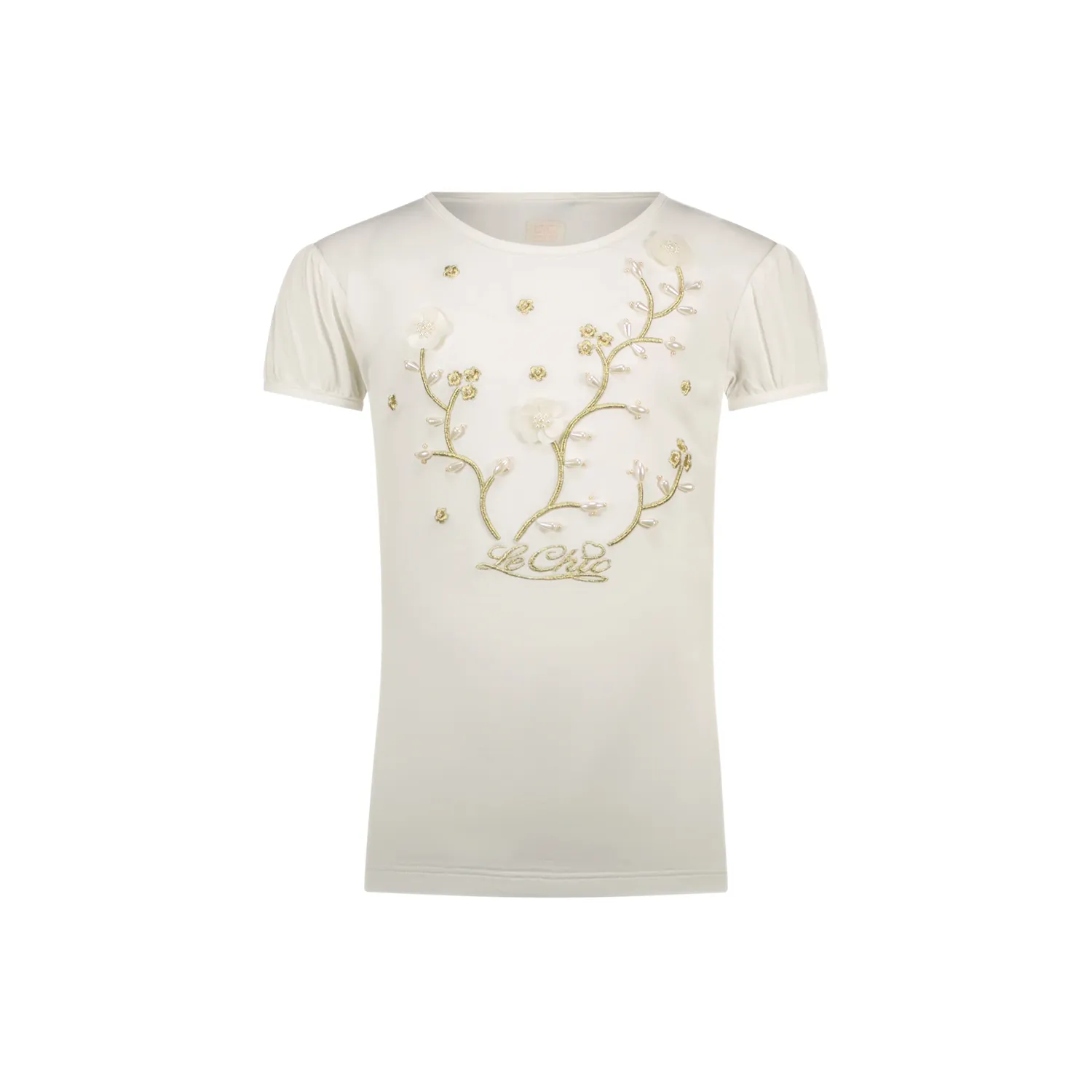 OFF WHITE TSHIRT PEARL & FLOWER APPLIQUE SHORT SLEEVE / C411-5411-003