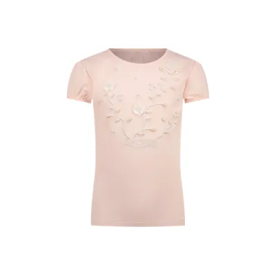 ROSE TSHIRT PEARL & FLOWER APPLIQUE SHORT SLEEVE / C411-5411-225