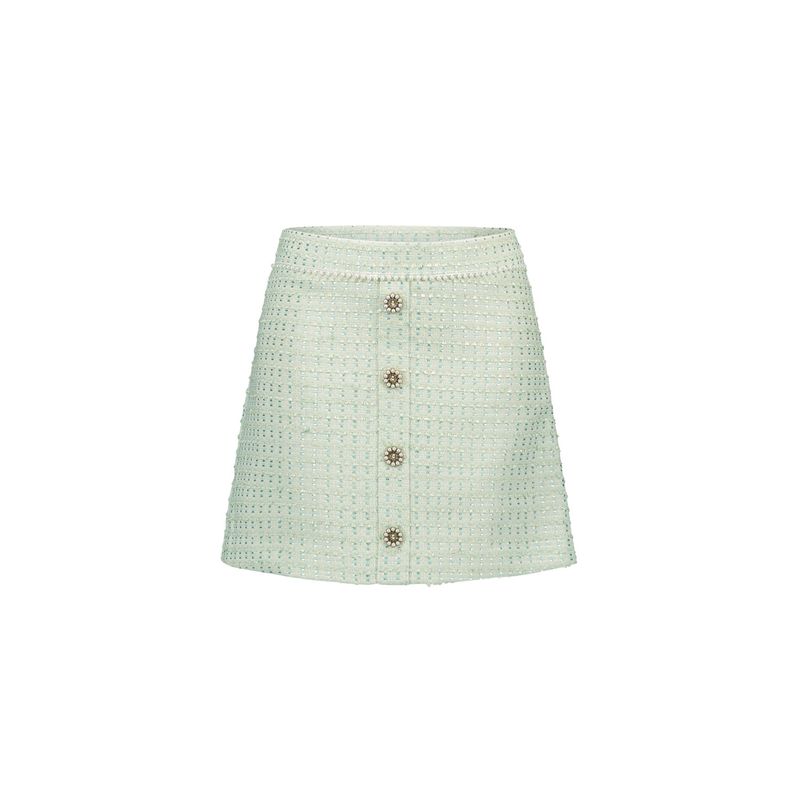 JADE GREEN TWEED SKIRT PEARL & RHINESTONE TRIM BUTTONS / C411-5742-304