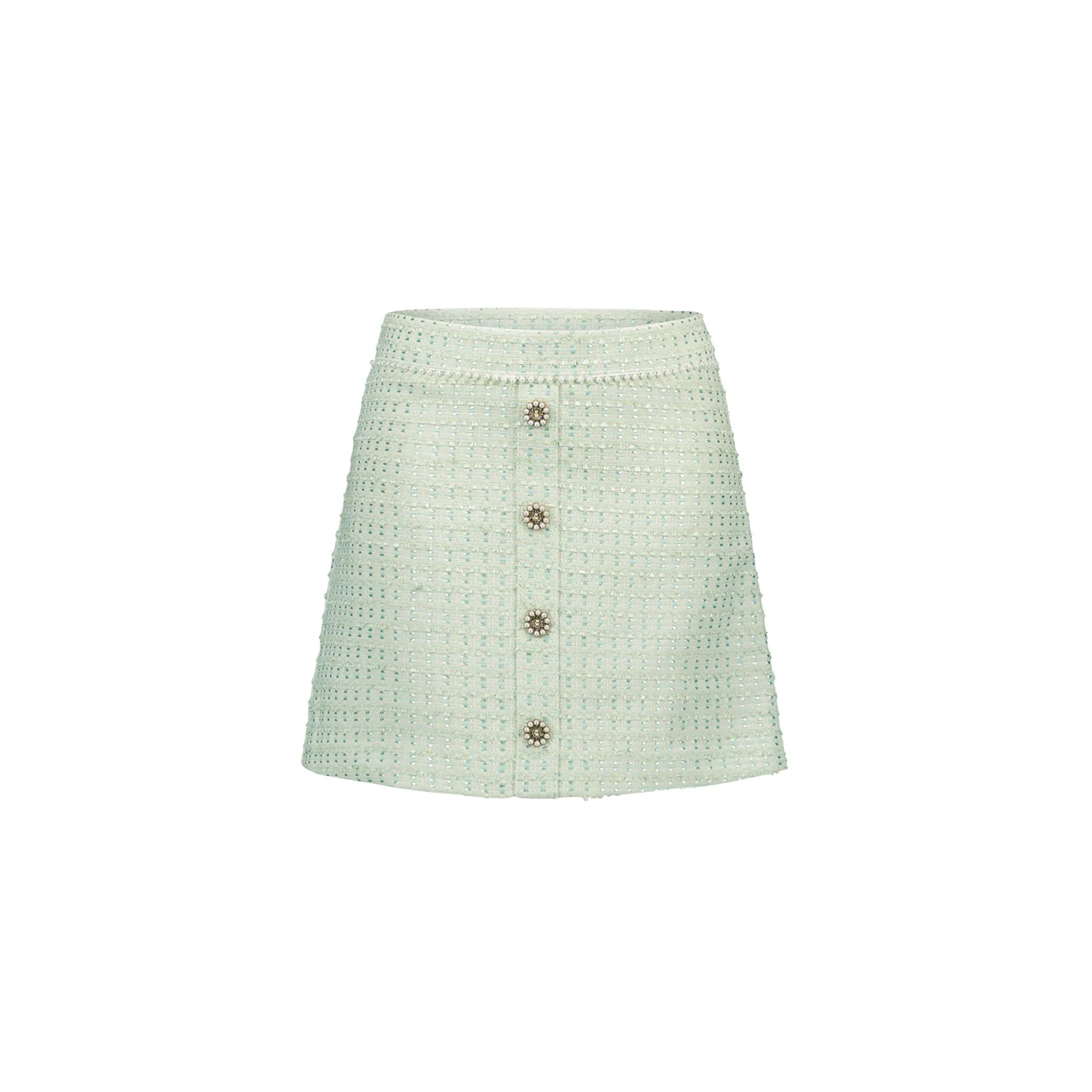 JADE GREEN TWEED SKIRT PEARL & RHINESTONE TRIM BUTTONS / C411-5742-304