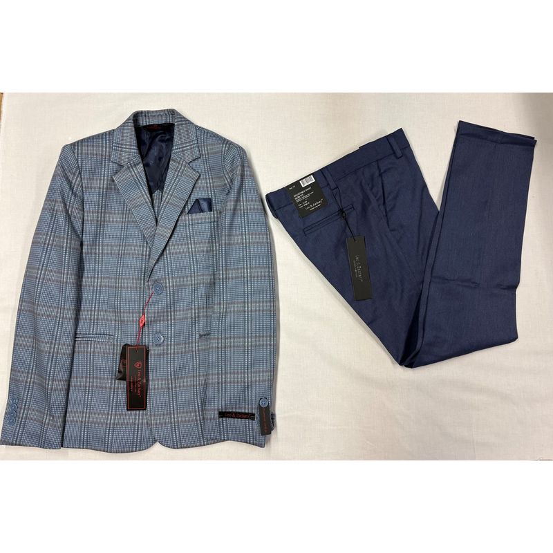 2PC BLUE MULTI PLAID BLAZER NAVY PANT SLIM FIT / 5466-5866-LZ504-508